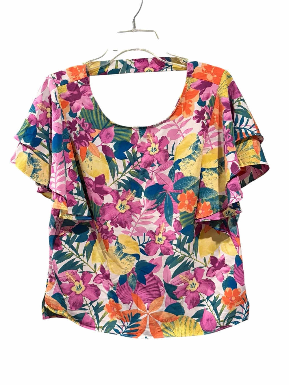 Simply Styled Floral Scoop Neck Ruffle Sleeve Top - Pink Multi
